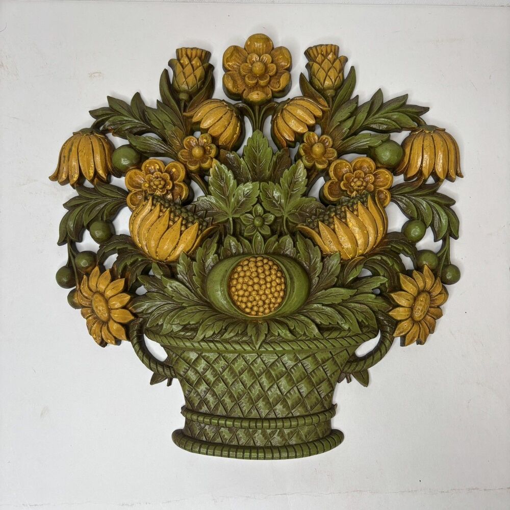Vtg SYROCO Fruit Basket Wall Hanging Green Yellow Flowers Sunflower 1966 Decor